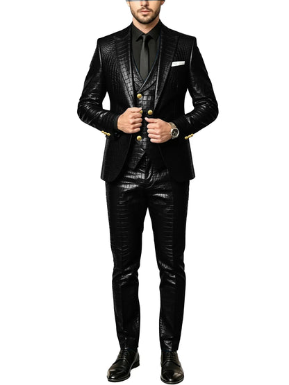 Men's 3 Piece Suit Crocodile Pattern Prime PU Leather Single Breasted Gold Buttons Slim Fit Wedding Dinner Party Formal Outfit ﻿