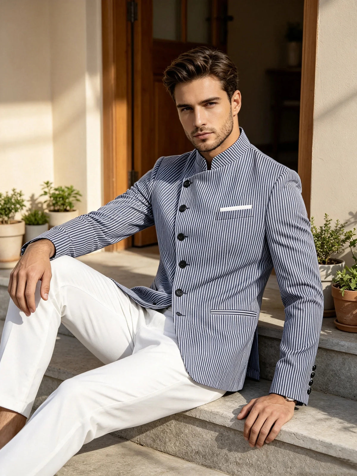 Men Mandarin Collar Suit Jacket Stand Collar Asymmetrical Single Breasted Men Blazer Slim Fit Business Formal Coat For Business