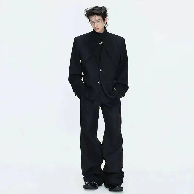 2026 Spring Patchwork Design Cross Collar Solid Color Casual Jacket Men Fashion Elegant Temperament Straight Pants JY6553