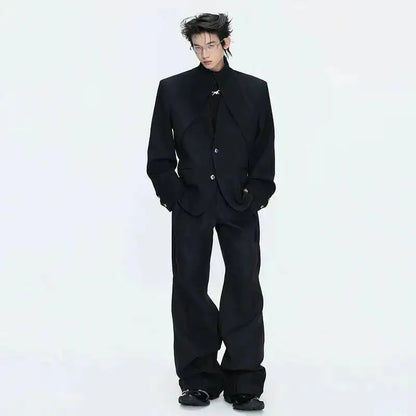 2026 Spring Patchwork Design Cross Collar Solid Color Casual Jacket Men Fashion Elegant Temperament Straight Pants JY6553