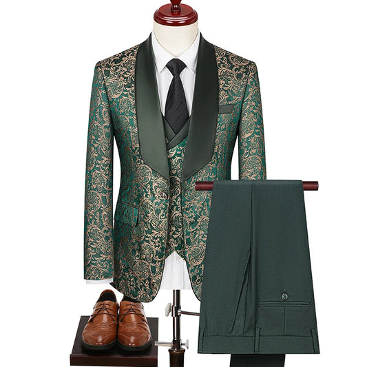 2025 Men's Jacquard Suits 3 Pieces ( Jacket+vest+pant) Wedding Dress Groom's Suit Host's Performance Party Stage Formal Clothing