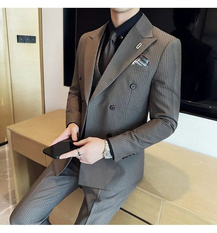 Korean Slim Fitt Wedding Suit Fashion Striped Double Breasted Suit 3 Piece Set Business Formal Casual Party Prom Host Suits