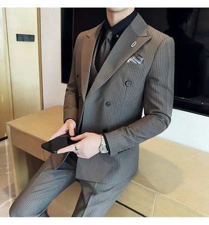 Korean Slim Fitt Wedding Suit Fashion Striped Double Breasted Suit 3 Piece Set Business Formal Casual Party Prom Host Suits