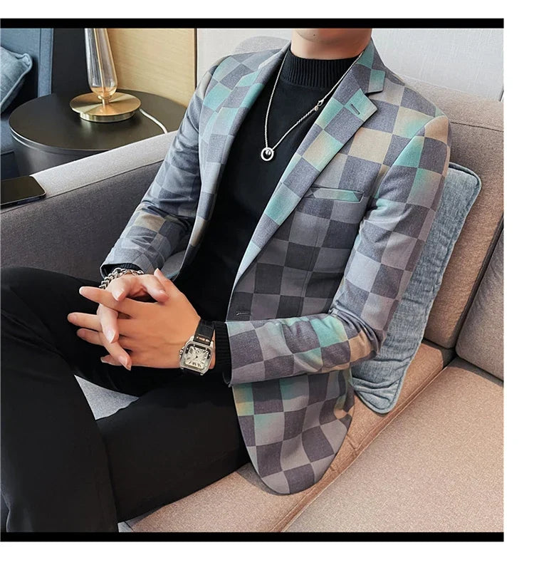 Brand Luxury Plaid Suit Jacket for Men 2023 Autumn Casual Blazer Masculino Fashion Slim Business Wedding Groom Social Dress Coat