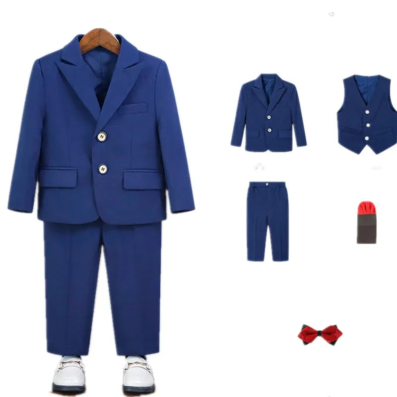 Boys Pure Pink Jacket Vest Pants Bowtie+Pocket Cloth 5pcs Wedding Birthday Outfit Kids Formal Piano Host Performance Costume