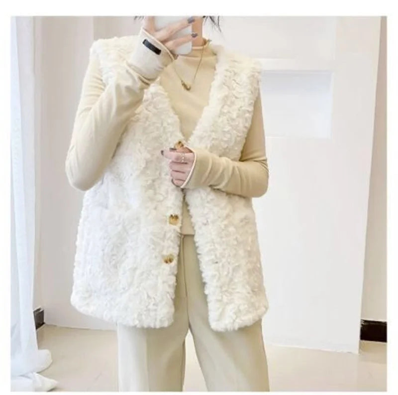Lady Fashion Vest Outerwear Autumn Winter Female Imitation lamb Wool Waistcoat Coat Korean Women Rabbit 's Hair Sleeveless