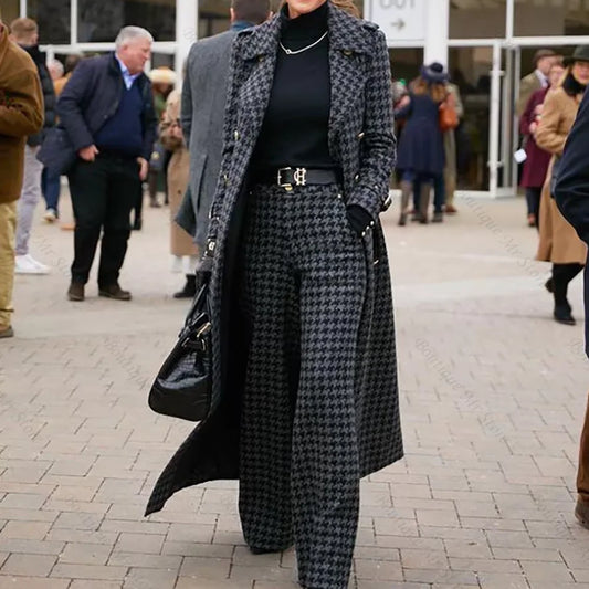 Elegant Houndstooth Women Suits 2 Piece Peak Lapel Formal Casual Prom Party Pants Sets Blazer with Pants