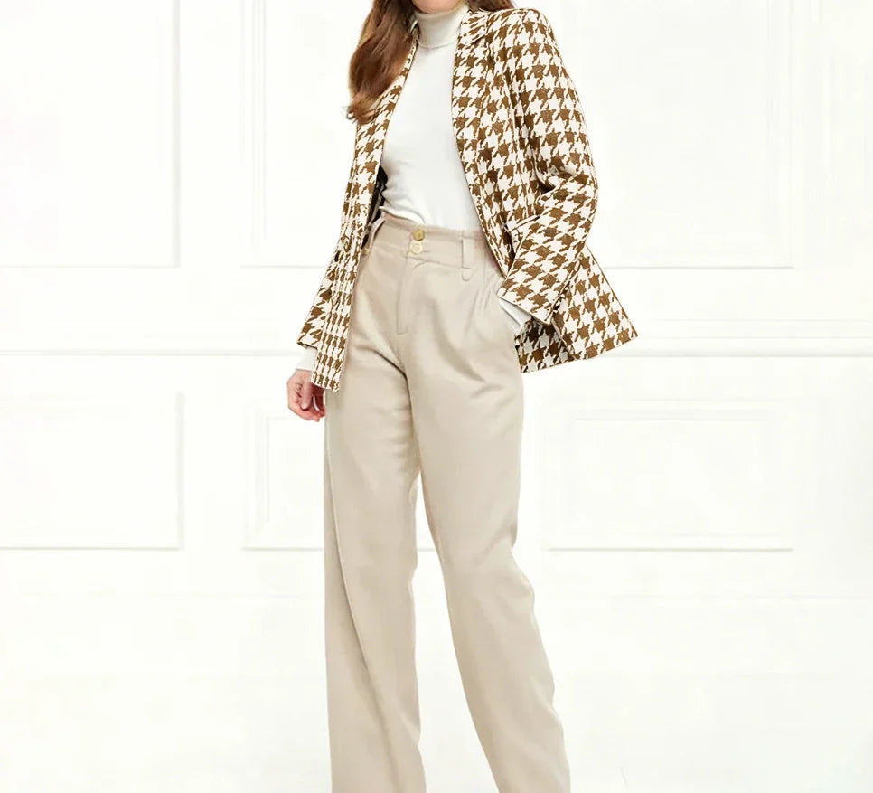 Chic Houndstooth Double Breasted Women Suit Two Pieces(Jacket+Pants) Lapel Outfits Chic Casual Party Prom Wedding Set
