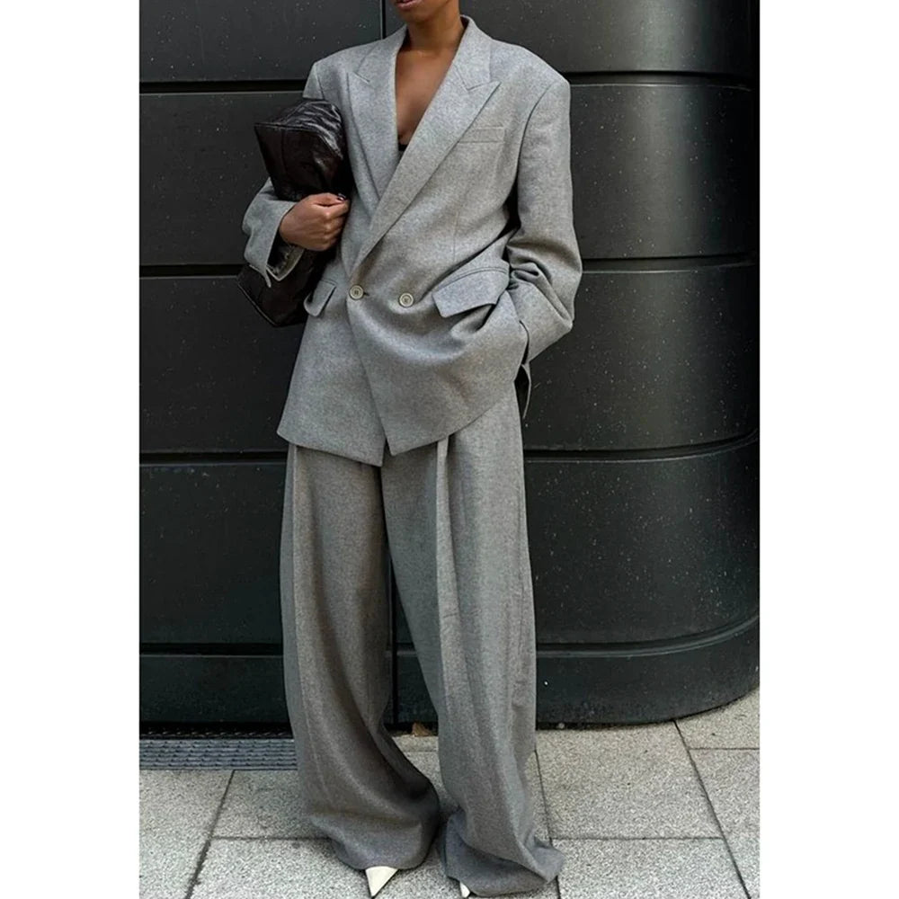 Gray Woolen Office Lady Suit Stretch-comfort Double-breasted Peak-lapel 2Pieces(Jacket+Pants) Casual Oversize Business Women Set