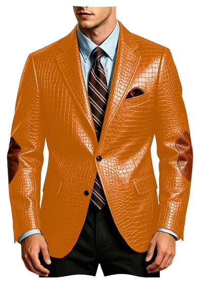 Men's Faux Leather Blazer  Crocodile Pattern Printed Sports Coat Jacket with Elbow Patch  For Party Prom Banquet Wedding Office