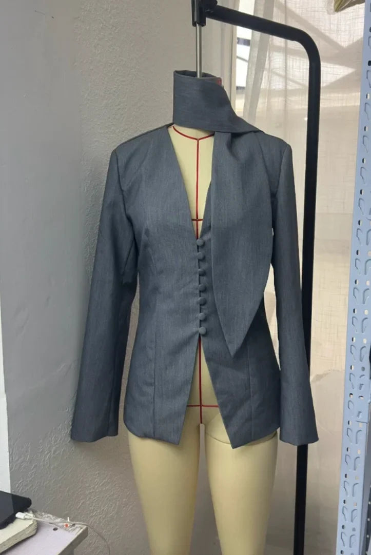 Women's Waist-Cinching Blazer, V-Neck Slim Fit, with Tie, High-End Office Jacket, Single-Button, Women's Formal Top, Commuter Blazer