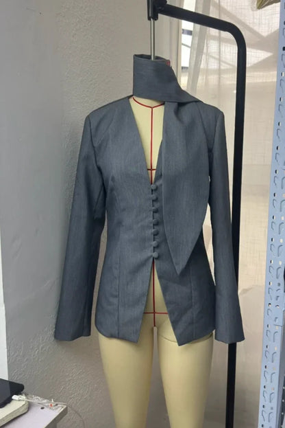 Women's Waist-Cinching Blazer, V-Neck Slim Fit, with Tie, High-End Office Jacket, Single-Button, Women's Formal Top, Commuter Blazer