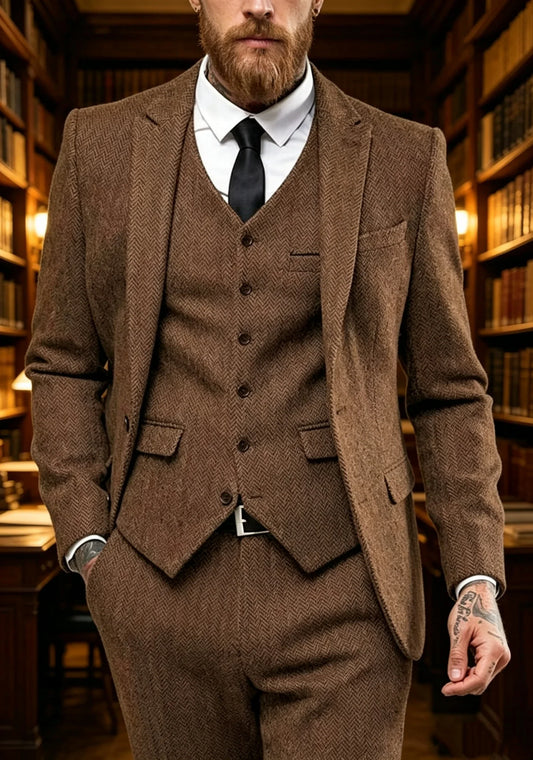 Dark Brown Wool Tweed Winter Suit for Men Herringbone Slim Fit Formal Groom Tuxedo 3 Piece Wedding Male Suits(Jacket+Vest+Pants)