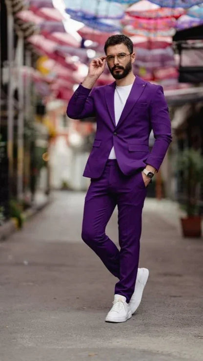 Purple Men's Business Daily Formal Party Leisure Suit Two-Piece One Button Peak Lapel Blazer Pants Groom Tuxedos