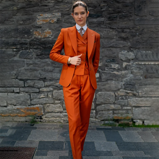 Professional Women Orange 3 Piece Suit Elegant Formal Office Fashion Dinner Party Set Single Breasted Powerful Jacket+Vest+Pants