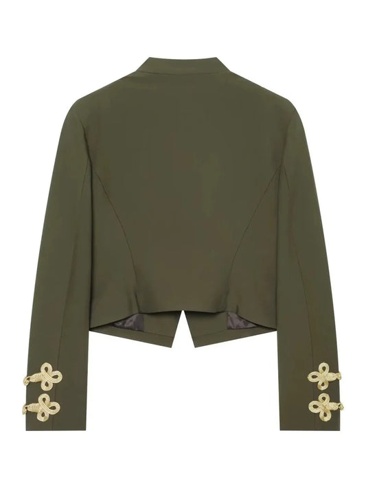 Women Vintage Military Cropped Blazer Braided Epaulet Metal Button Long Sleeve Short Jacket Elegant Autumn Outerwear