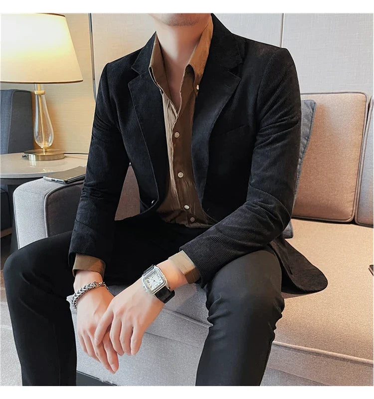 2023 Fashion Men's Corduroy Blazers Top Quality Business Casual Suit Jackets Slim Fit Wedding Groom Streetwear Social Dress Coat