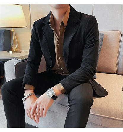 2023 Fashion Men's Corduroy Blazers Top Quality Business Casual Suit Jackets Slim Fit Wedding Groom Streetwear Social Dress Coat