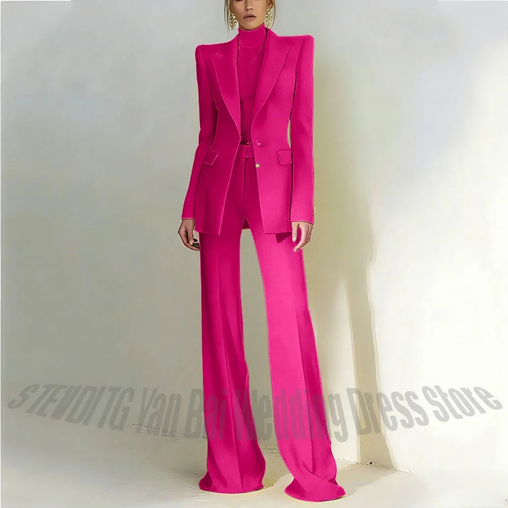 Women Pant Suit 2 Piece Set Office Female Business Work Formal Jacket Trouser One Button Chic Yellow Peaked Lapel Elegant Suit