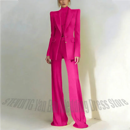 Women Pant Suit 2 Piece Set Office Female Business Work Formal Jacket Trouser One Button Chic Yellow Peaked Lapel Elegant Suit