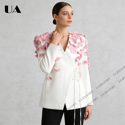 White Wrap Blazer with 3D Pink Floral Appliqué and Tie Waist for Wedding Garden Party Ethereal Romantic Outfit