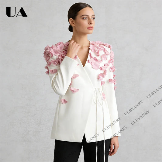 White Wrap Blazer with 3D Pink Floral Appliqué and Tie Waist for Wedding Garden Party Ethereal Romantic Outfit