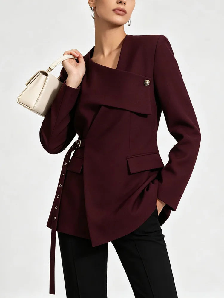 Women Blazer High Street Elegant Punk Stylish V-Neck Lace-Up Trendy Solid Color Cross Irregular Design Suit-Coat New HK3060