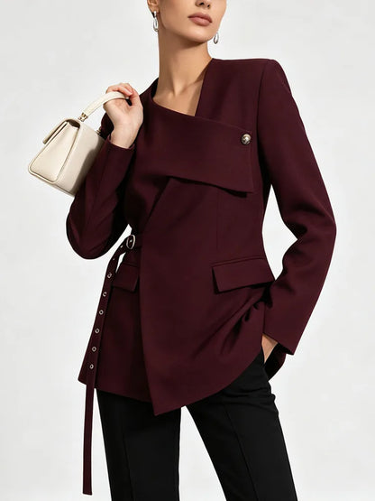Women Blazer High Street Elegant Punk Stylish V-Neck Lace-Up Trendy Solid Color Cross Irregular Design Suit-Coat New HK3060