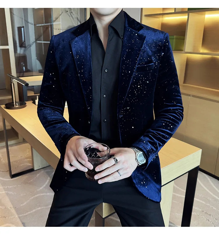 2025 Autumn New Velvet Jacket Men's Blazer Business Fashion Hot Stamping Printed Suit Jacket High-quality Luxury Dress Suit