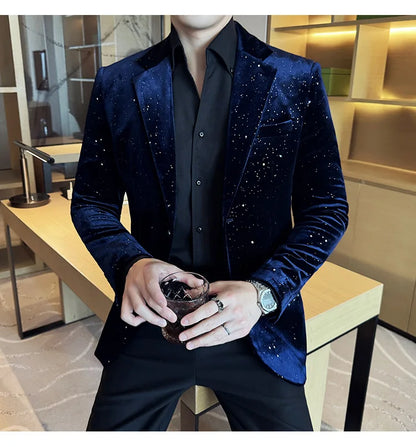 2025 Autumn New Velvet Jacket Men's Blazer Business Fashion Hot Stamping Printed Suit Jacket High-quality Luxury Dress Suit