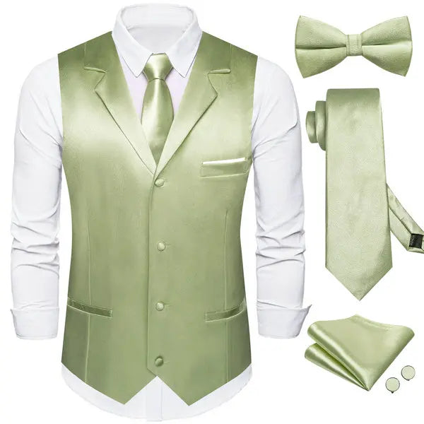 Men's Satin Waistcoat 5-Piece Set with Rose Gold Lapel – Vest, Necktie, Bow Tie, Pocket Square & Cufflinks