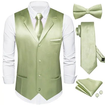 Men's Satin Waistcoat 5-Piece Set with Rose Gold Lapel – Vest, Necktie, Bow Tie, Pocket Square & Cufflinks