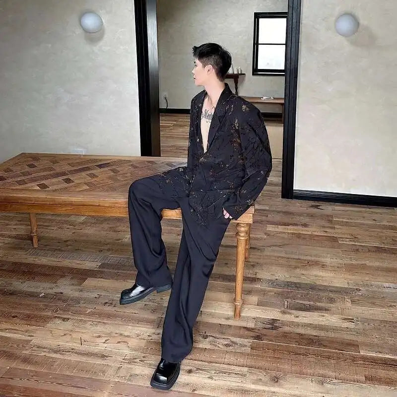 Jacquard Design Casual Suit Jacket High Street Personalized Stylish Loose Blazers Coat Elegant Korean Men Clothing LZ5013