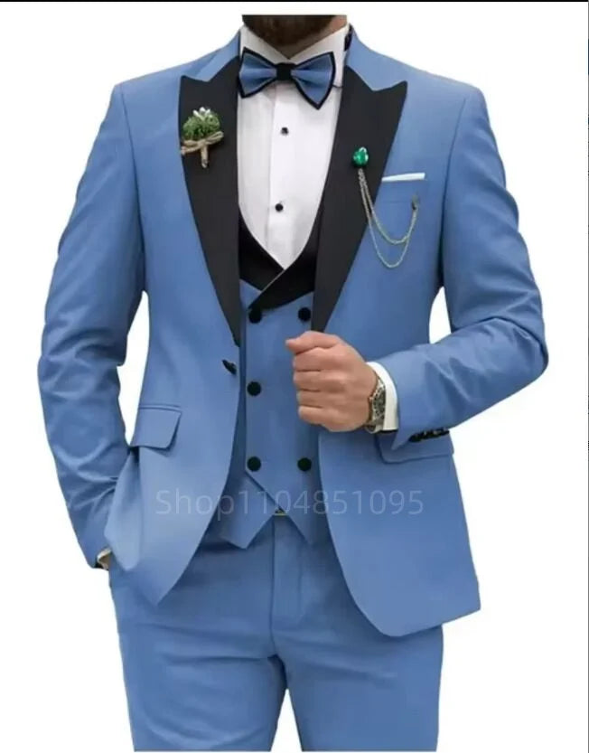 Slim Fit Peaked Lapel Formal Men Suits Solid Business Wedding Tuxedo Fashion Groom Outfit with Blazer Vest Pants for Prom Dinner