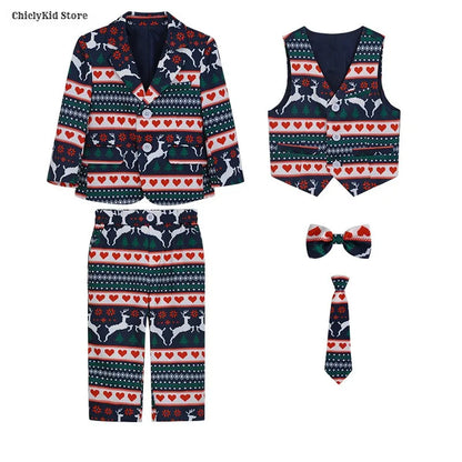 Boys Christmas Blazer Jacket Waistcoat Pants Wedding Suits Kids Morning Coat Formal Dress Children Tuxedos Toddler Clothes Sets