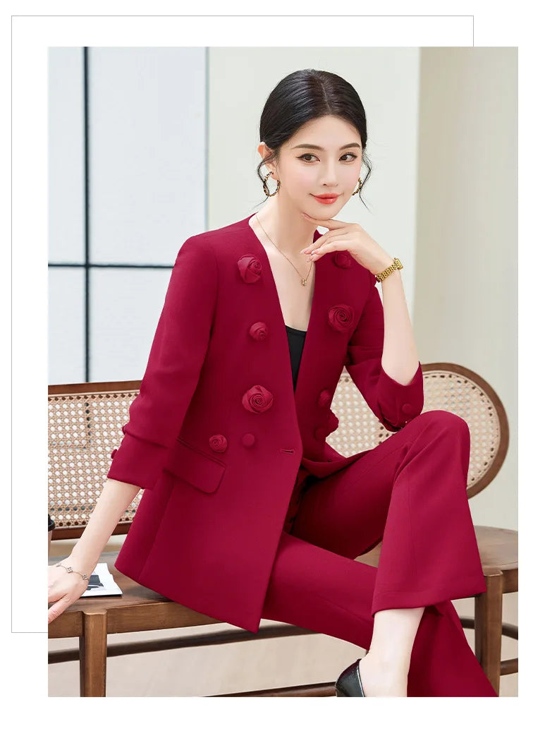 Spring Fashion Office Ladies Blazer and Pants Suit Formal Solid Color Women Jacket Trouser Women Business Work Wear 2 Piece Set