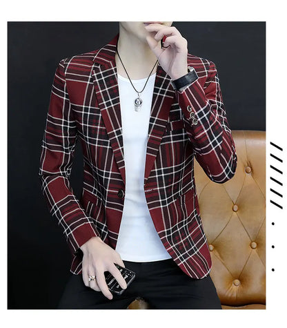 Spring Autumn 2024 Casual Checkered Slim Fit Men's Suit Jacket Korean Style Fashion Handsome Young Men's Clothing