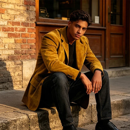 Retro Men Faux Suede Blazer Notched Lapel 2 Button Slim Fit Casual Suit Coat Business Formal Jacket For Wedding Party Daily Wear
