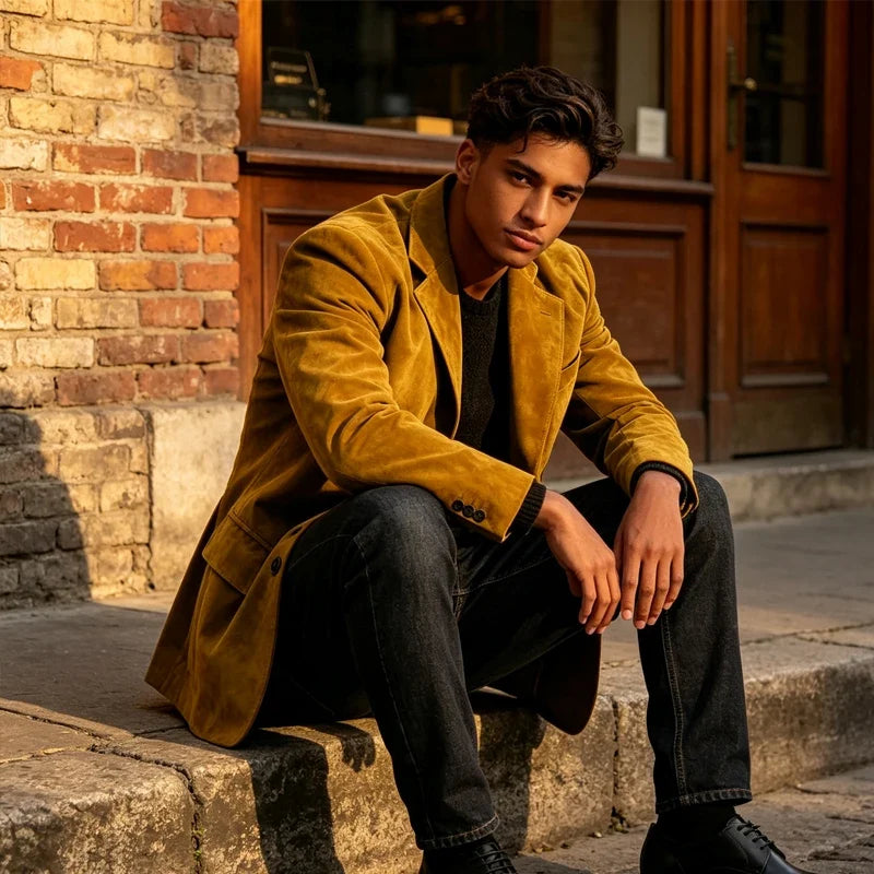 Retro Men Faux Suede Blazer Notched Lapel 2 Button Slim Fit Casual Suit Coat Business Formal Jacket For Wedding Party Daily Wear