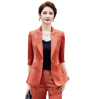 Two-piece Sets of Pants and Blazer for Women Printed Suit for Female Elegant Clothing with Acetate Yellow Khaki Spring Summer