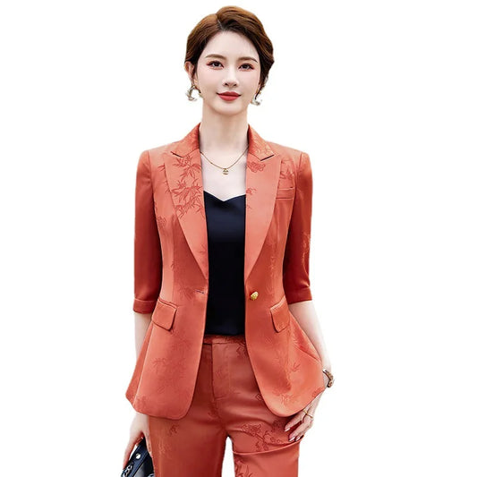 Two-piece Sets of Pants and Blazer for Women Printed Suit for Female Elegant Clothing with Acetate Yellow Khaki Spring Summer