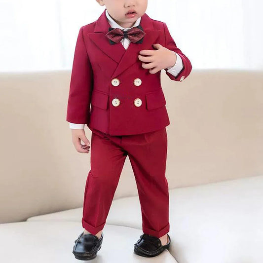 Fashion Boy Infant Suits Solid Color Peak Lapel Double Breasted Wear Wedding Tuxedo 2 Piece Casual Customized Kids Clothes
