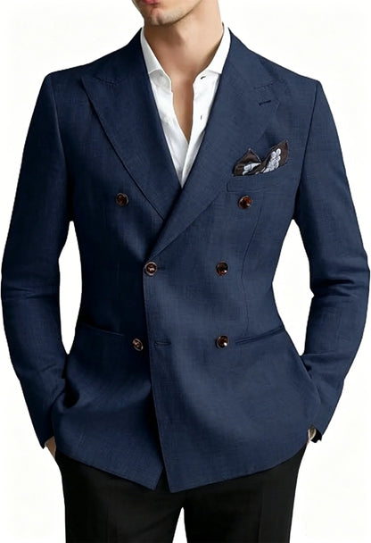 Men’s Linen Blend Suit Blazer Double Breasted Casual Peak Lapel British Style Jacket  Soft Breathable Men Suit For Summer Beach