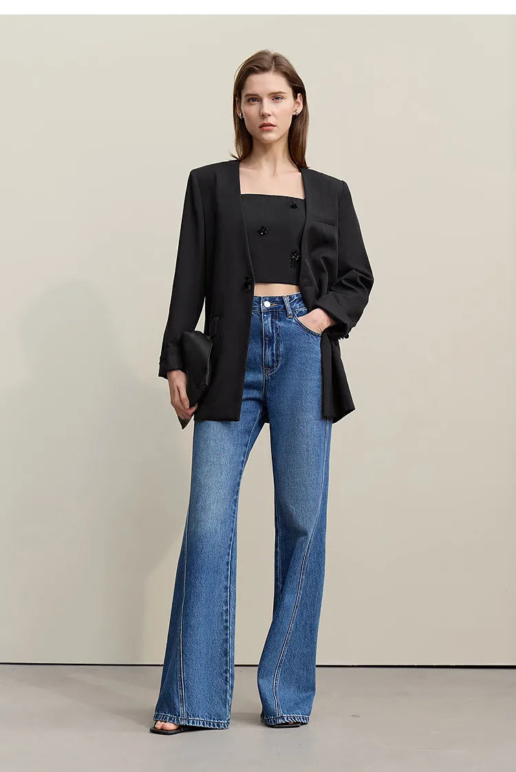Women's Jacket 2026 Autumn New Bead Sheet Flower V-Neck Women's Blazer Straight Elegant Shoulder Pad Blazers Top 12621026