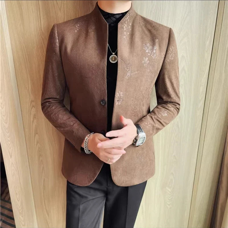 2025 Spring Trendy Jacquard Suit Jacket Men Stand Up Collar Casual Blazers Slim Wedding Business Streetwear Social Dress Coats