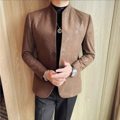 2025 Spring Trendy Jacquard Suit Jacket Men Stand Up Collar Casual Blazers Slim Wedding Business Streetwear Social Dress Coats