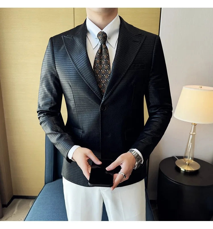Korean Waffle Leather Suit Jacket Men's Business Casual PU Leather Blazer Slim Fit Wedding Groom Office Social Formal Coats 2026