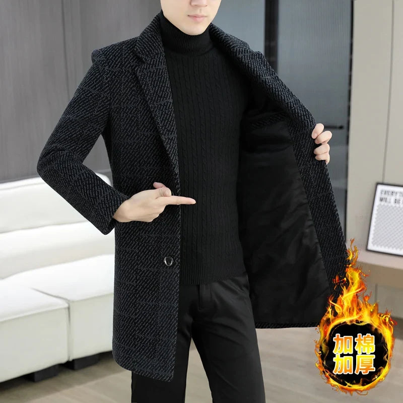 High-quality winter men's fashionable and stylish woolen overcoat, suit collar, mid-length windbreaker, woolen coat