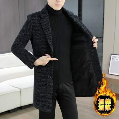 High-quality winter men's fashionable and stylish woolen overcoat, suit collar, mid-length windbreaker, woolen coat