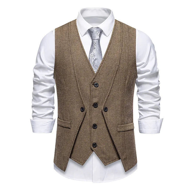 Men's Triple-Breasted Herringbone Tweed Vest – Retro Fake Two-Piece Waistcoat for Weddings & Smart-Casual Occasions